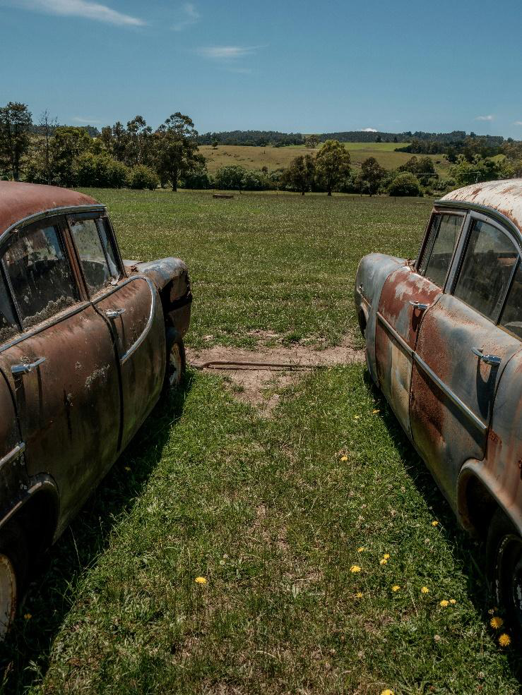 Two old, rusty cars facing each other in a grassy field.