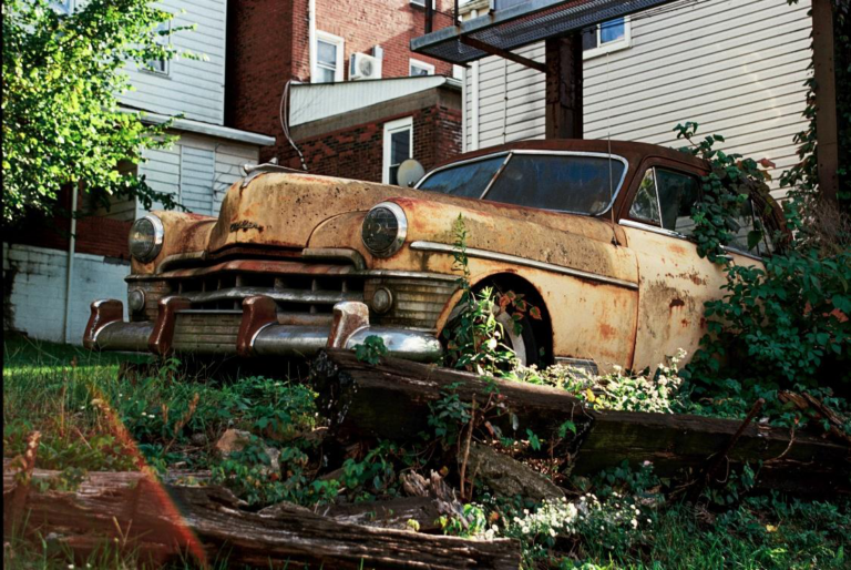 A rusty, abandoned car overgrown with weeds and vines.