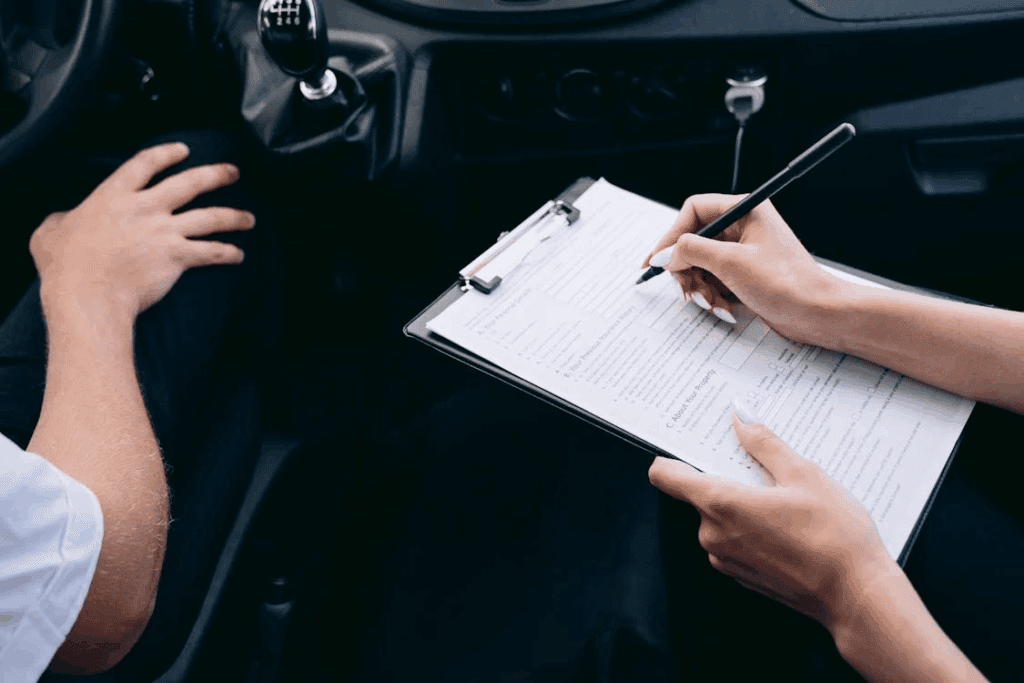 Person filling out a form on a clipboard inside a car during an inspection.